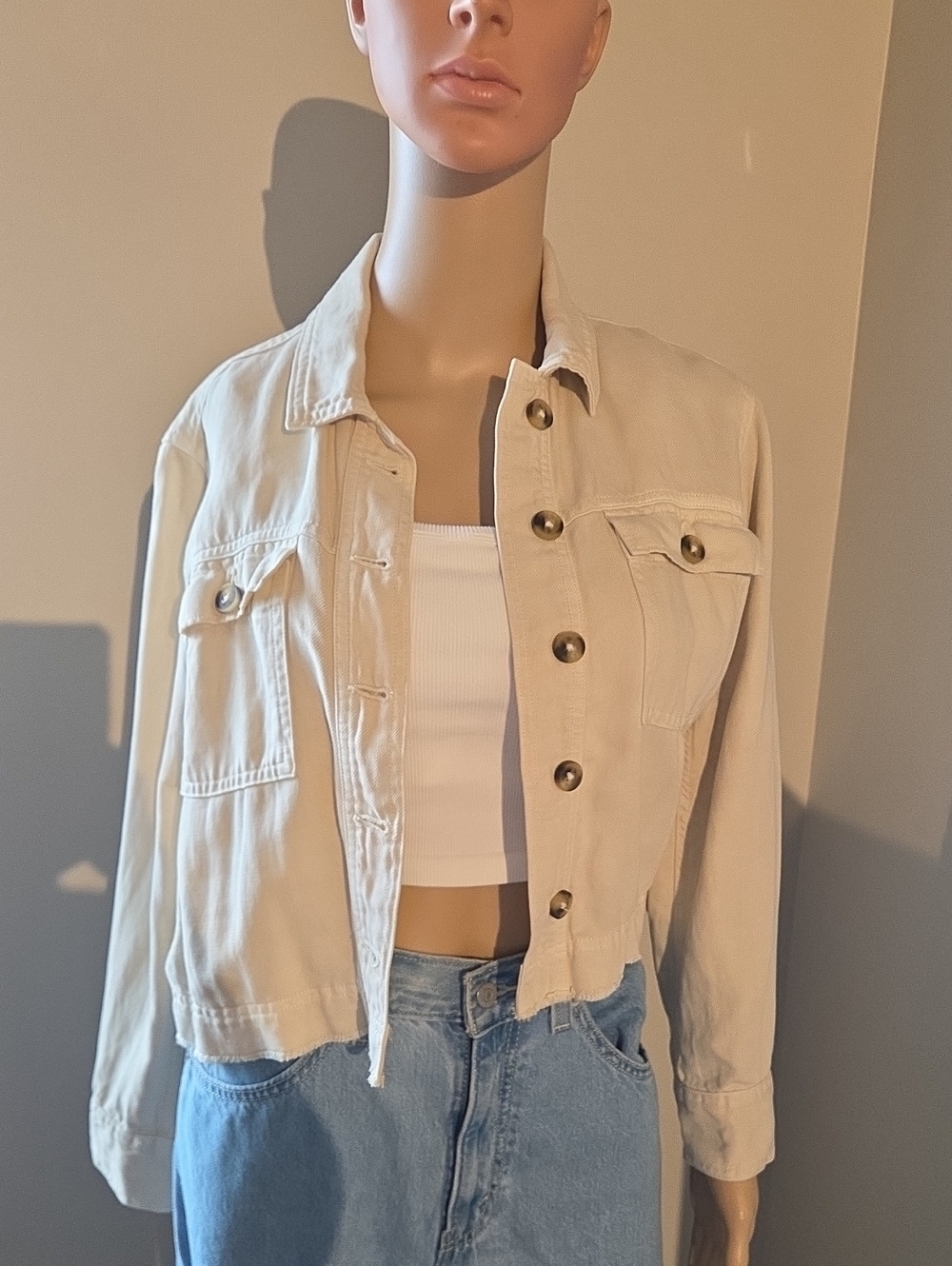 aerie Cream Cropped Button-Front  Jacket